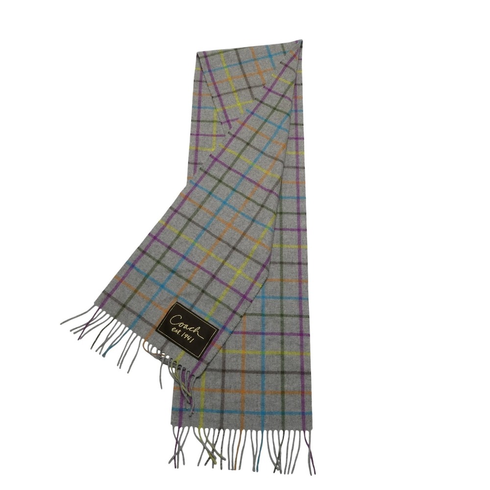 Coach Scarf Womens One Size Gray Plaid Fringe Multicolor Logo Fall Winter